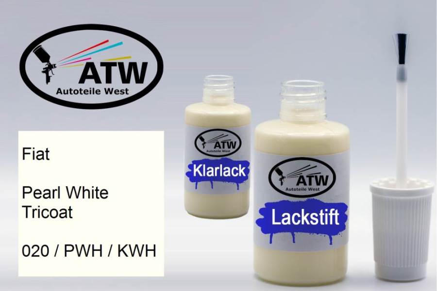Fiat, Pearl White Tricoat, 020 / PWH / KWH: 20ml Lackstift + 20ml Klarlack - Set, von ATW Autoteile West.